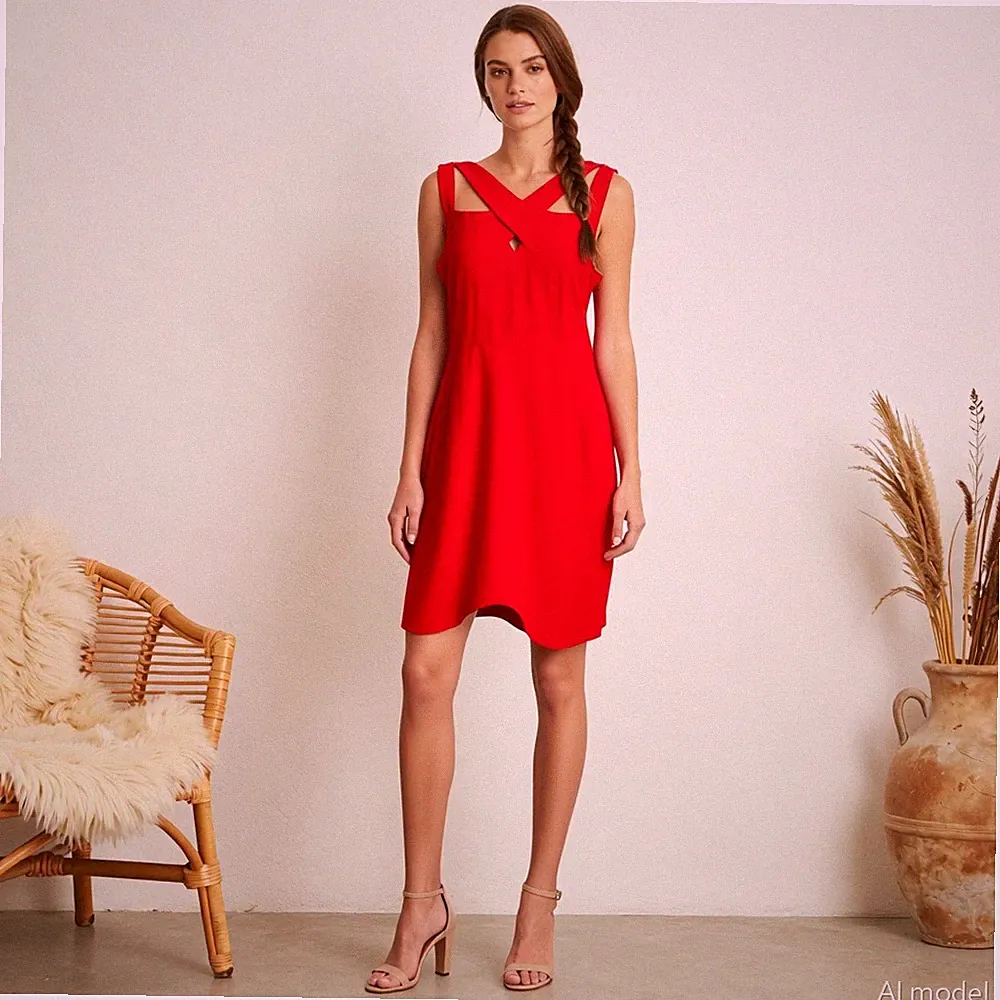 Abend Cocktail Knielang Kleid Rot Gewoben Etui Taschen Party M&S Per una Gr. 42