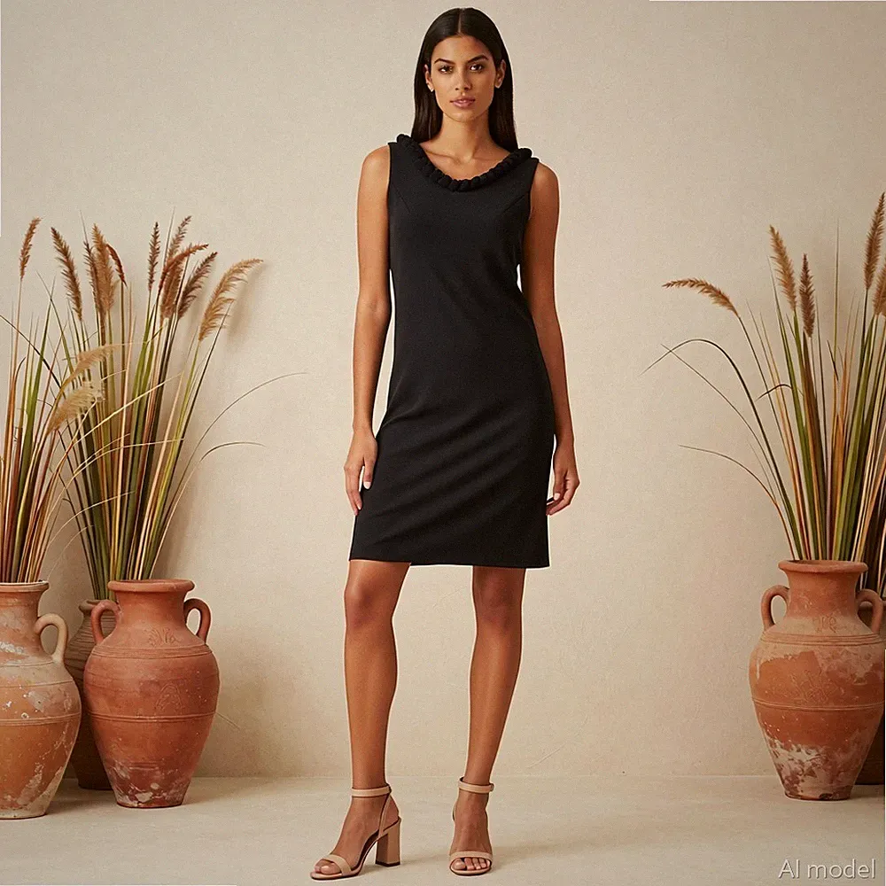 Abend Cocktail Knielang Kleid Schwarz Jersey Etui Ärmellos Geflochten Stretch M