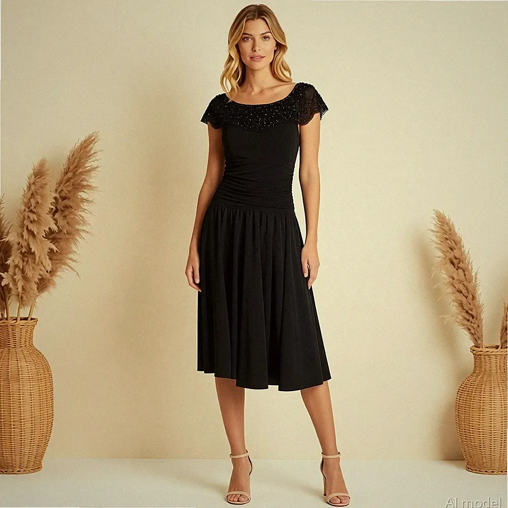 Abend Cocktail Maxi Kleid Schwarz Jersey Etui Tiefer Rundhals Kurzarm Gr. 38