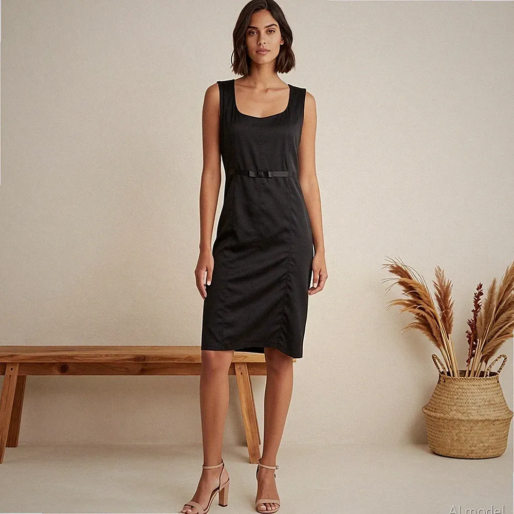 Abend Cocktail Midi Kleid Schwarz Baumwollmischung Viereckig Ärmellos Gr. 42