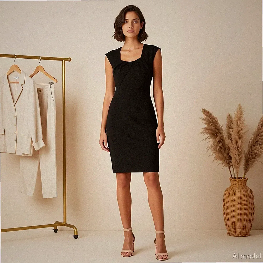 Abend Cocktail Midi Kleid Schwarz Etui Ärmellos Taschen Stretch Party Gr. 38