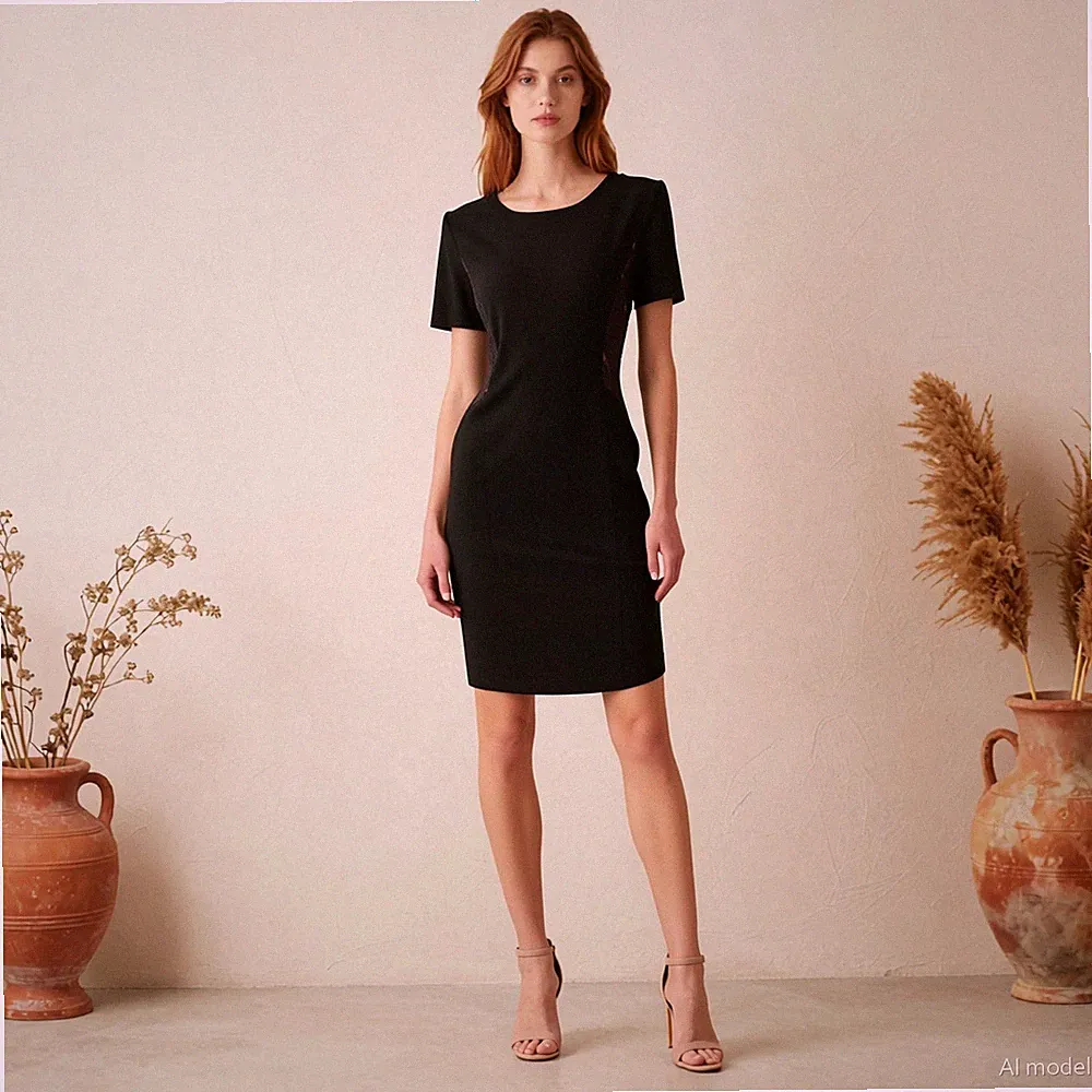 Abend Cocktail Midi Kleid Schwarz Spitze Etui Kurzarm Stretch M&S Gr. 40
