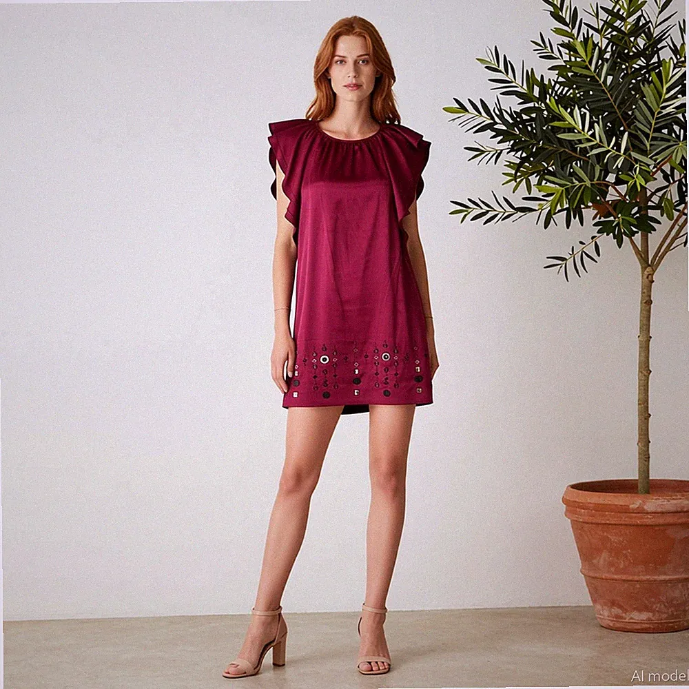Abend Glam Knielang Kleid Bordeaux Satin Flatterärmel Stretch Cocktail Party M