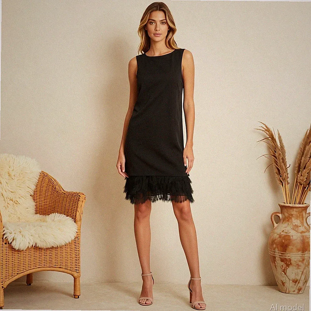 Abend Glam Knielang Kleid Schwarz Hänger Ärmellos Knopfleiste Fransen XS