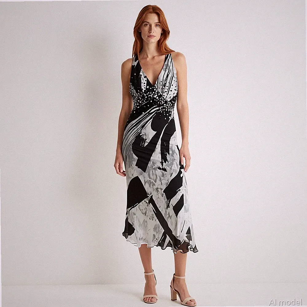 Abend Glam Maxi Kleid Schwarz Weiß Abstrakt Chiffon Seide Etui Ärmellos Gr. 38