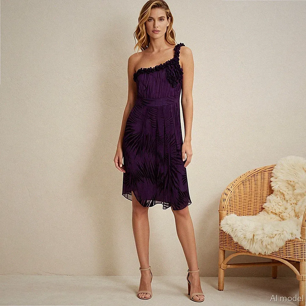 Abend Glam Midi Kleid Lila Seidenmischung Hänger One Shoulder Ärmellos Gr. 42