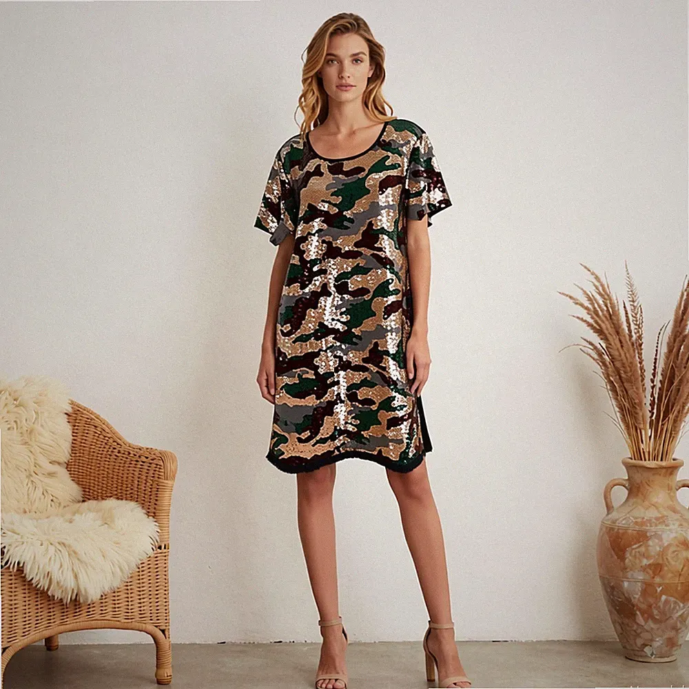 Abend Military Knielang Kleid Mehrfarbig Camouflage Denim Baumwolle Gr. 40