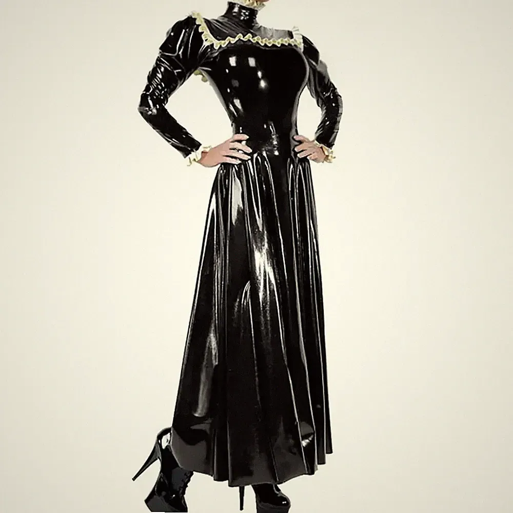 Abend Party Gerafftes Kleid Hoher Hals Rüschenbesatz Kleid PVC Langarm Kleidung