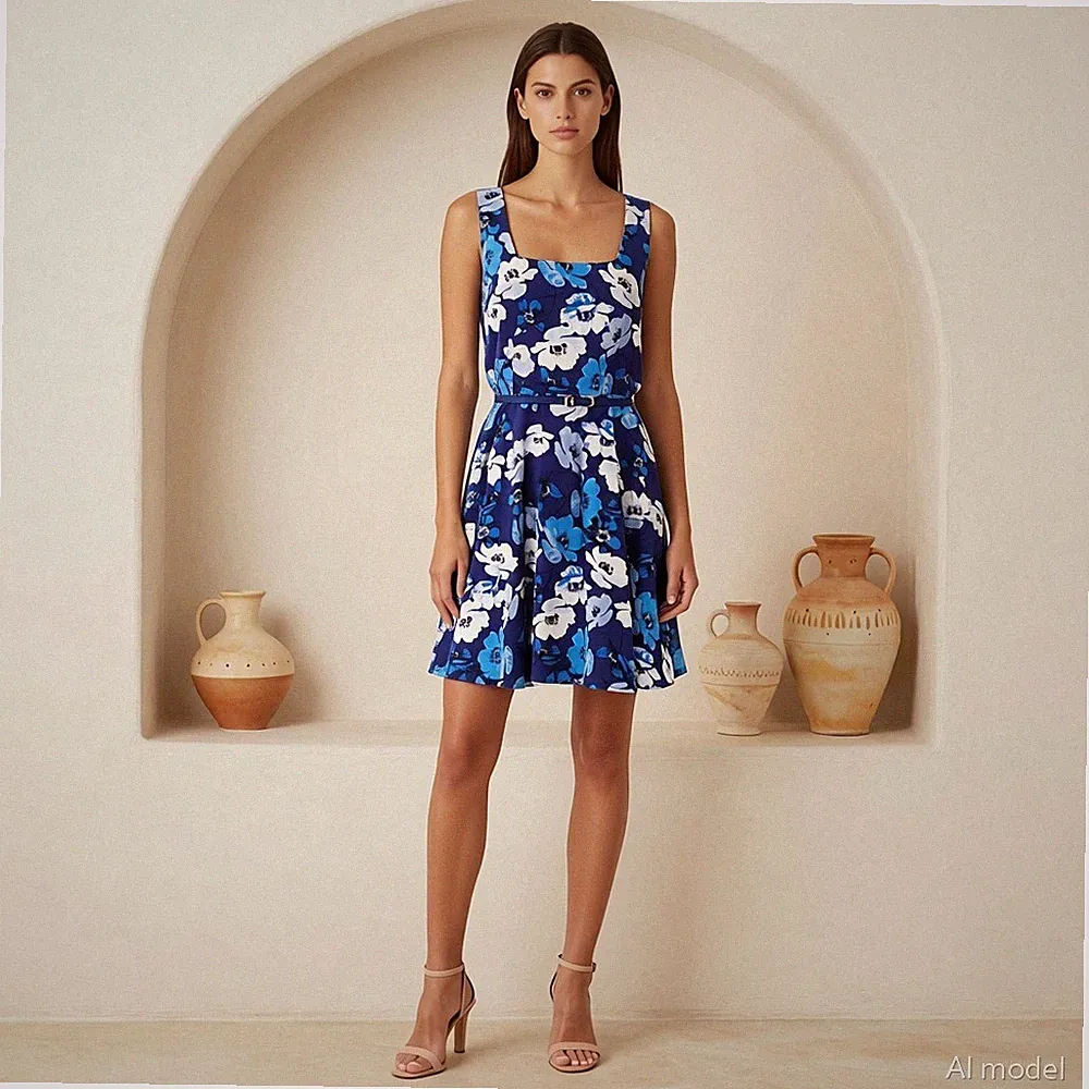Abend Retro Knielang Kleid Blau Weiß Blumen A-Linie Viereckig Ärmellos Gr. 36