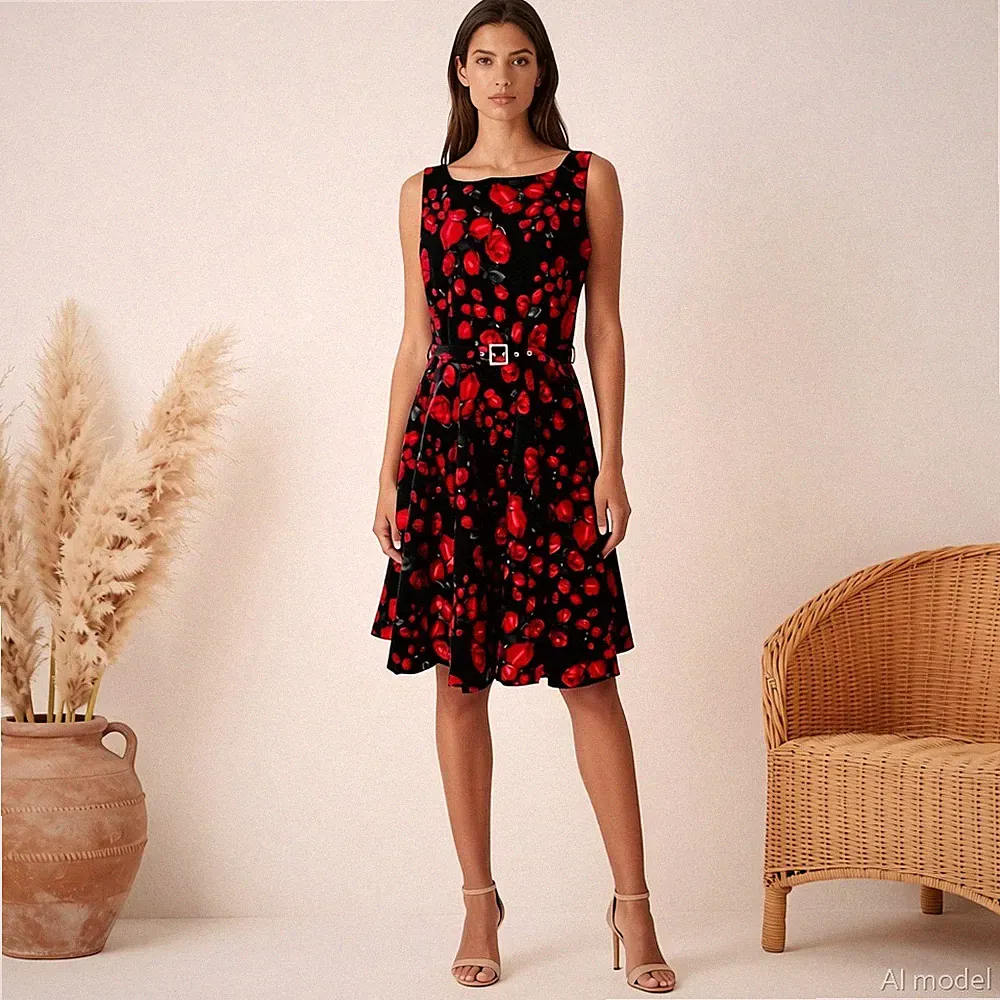Abend Retro Knielang Kleid Schwarz Rot Blumen A-Linie Ärmellos Taschen Gr. 40