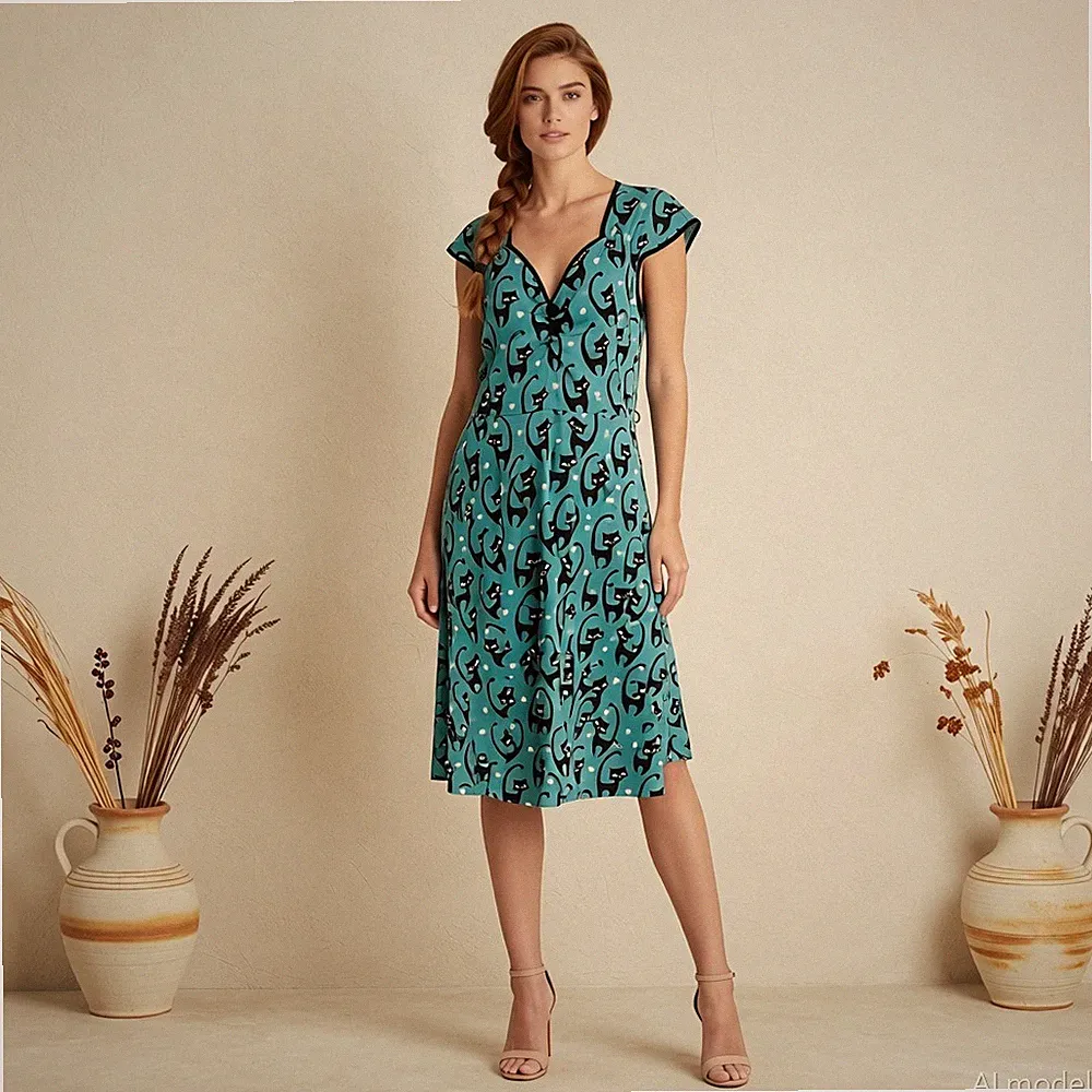 Abend Retro Midi Kleid Mehrfarbig Katzen Muster Baumwollmischung A-Linie Glam 44