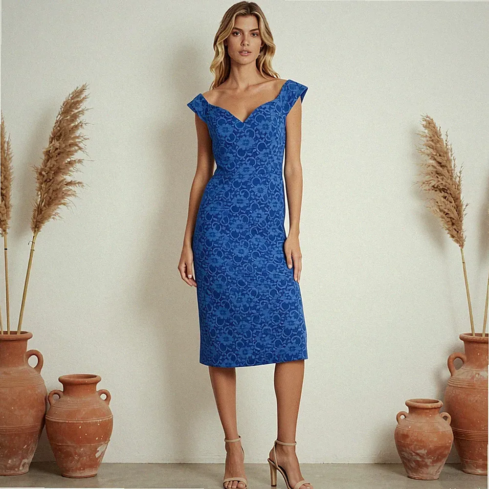 Abend Romantik Midi Kleid Blau Blumen Spitze Etui Kurzarm Stretch Gr. 42