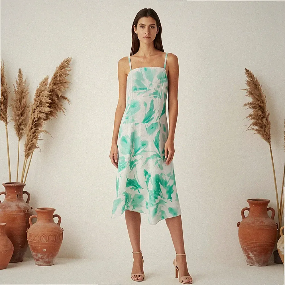 Abend Romantik Midi Kleid Weiß Grün Blumen A-Linie Viereckig Ärmellos Gr. 40