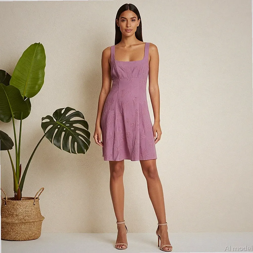 Abend Verspielt Midi Kleid Rosa Blumen A-Linie Viereckig Ärmellos Gr. 38