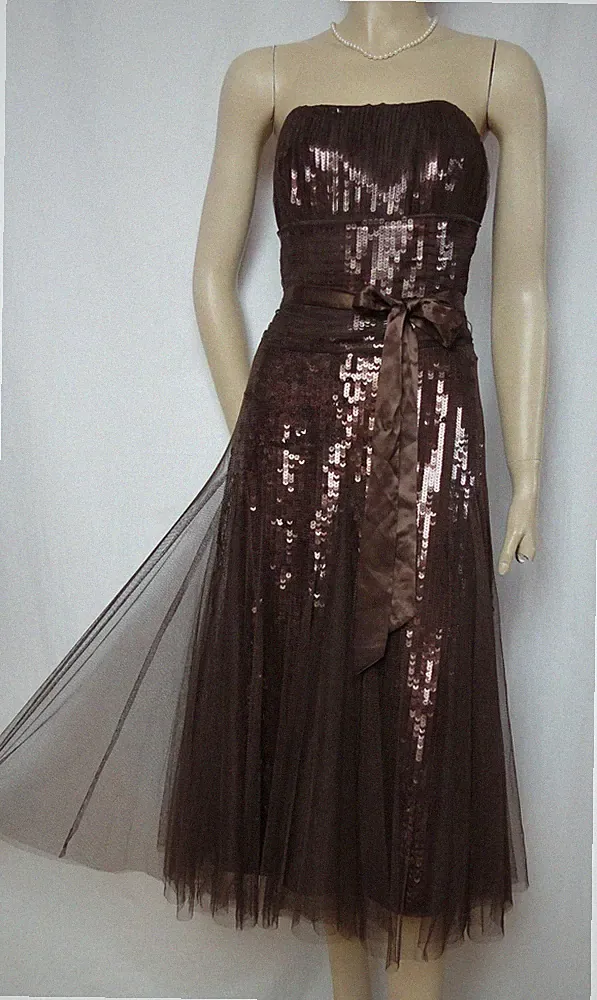Abendkleid 38 braun Hochzeit Tüll Pailletten Kleid Abschlussball Fest Monsoon