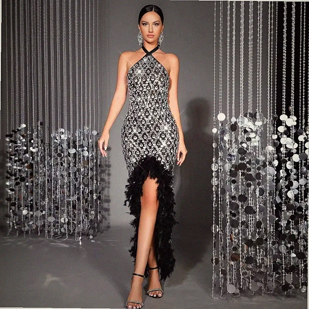 Abendkleid Damen Mit Pailletten Und Federn Asymmetrisch Elegant Schwarz CF65303