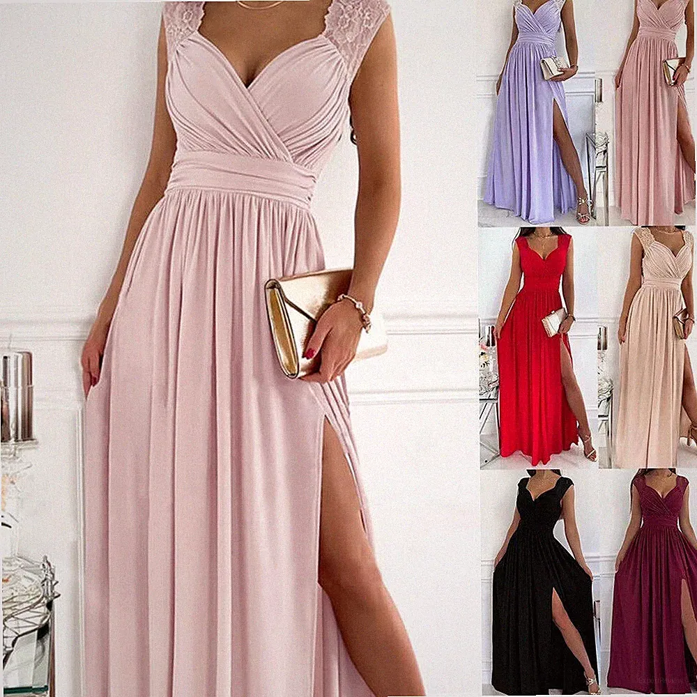 Abendkleid Damen Partykleid Brautjungfer Elegant Schlitz Wickelkleid Trägerkleid