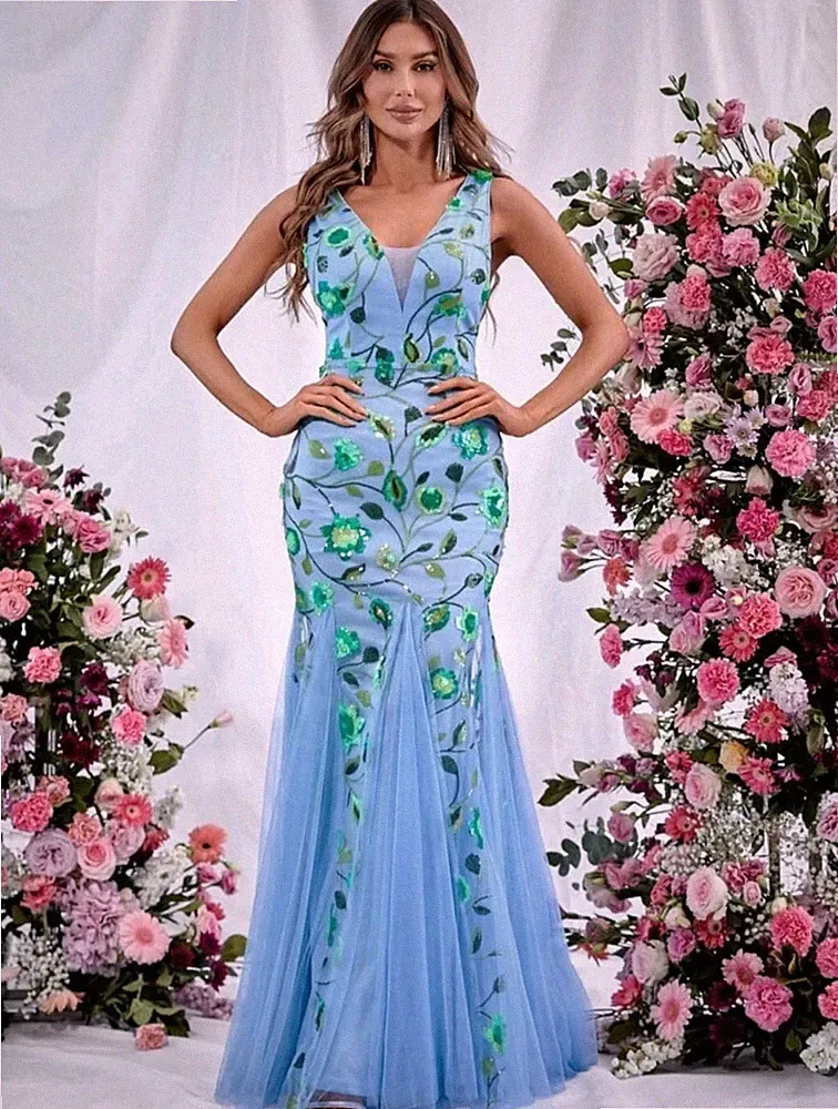 Abendkleid Festkleid lang elegant ärmellos blau blau