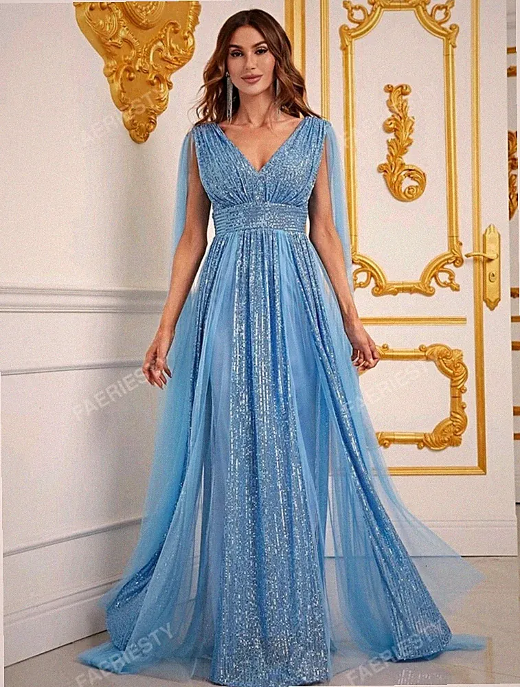 Abendkleid Festkleid lang elegant Pailletten blau Hochzeit