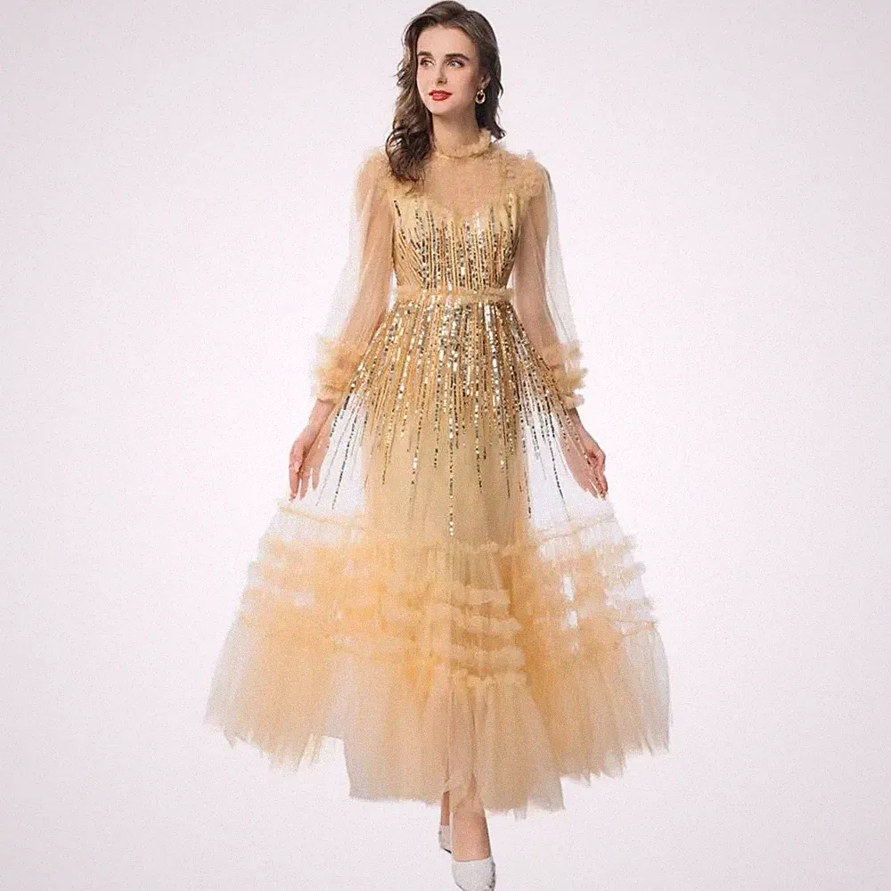 Abendkleid Lang Elegantes Damenkleid Strass Gold Schimmernde Meerjungfrau 23113