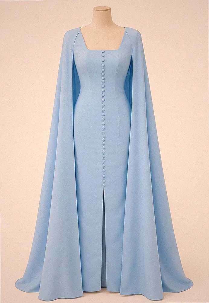 Abendkleid lang Hellblau Cape Beinschlitz Ballkleid Gala Hochzeit Gast elegant