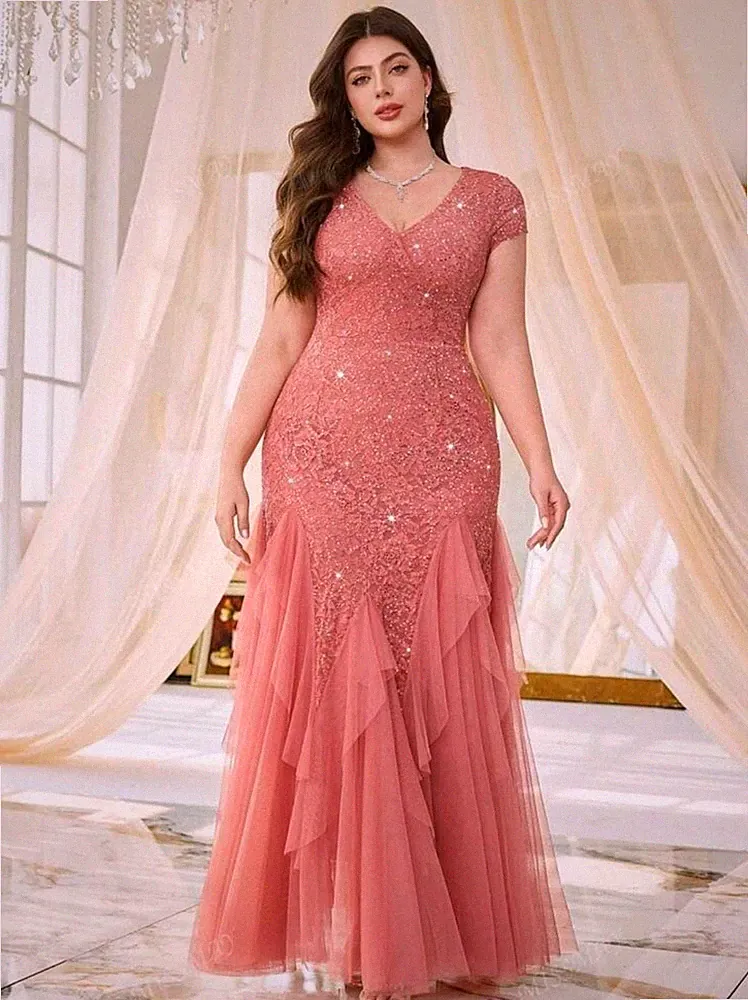 Abendkleid lang Übergröße elegant Kleid Party Hochzeit kurvig rosa