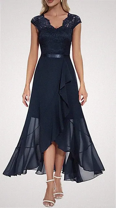 Abendkleider elegant für Hochzeit Spitzenkleid Chiffon Hi-Lo Kleid Partykleid