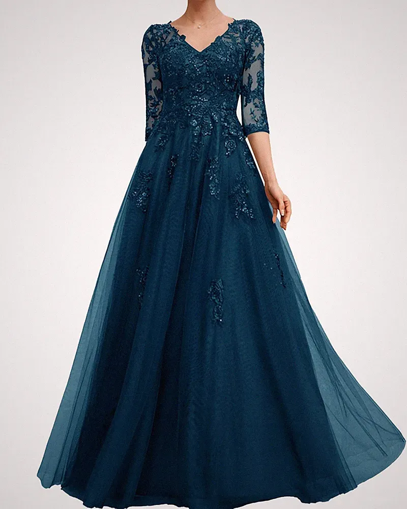 Abendkleider Elegant Hochzeitsgäste V-Ausschnitt A-Linie Formal Partykleid