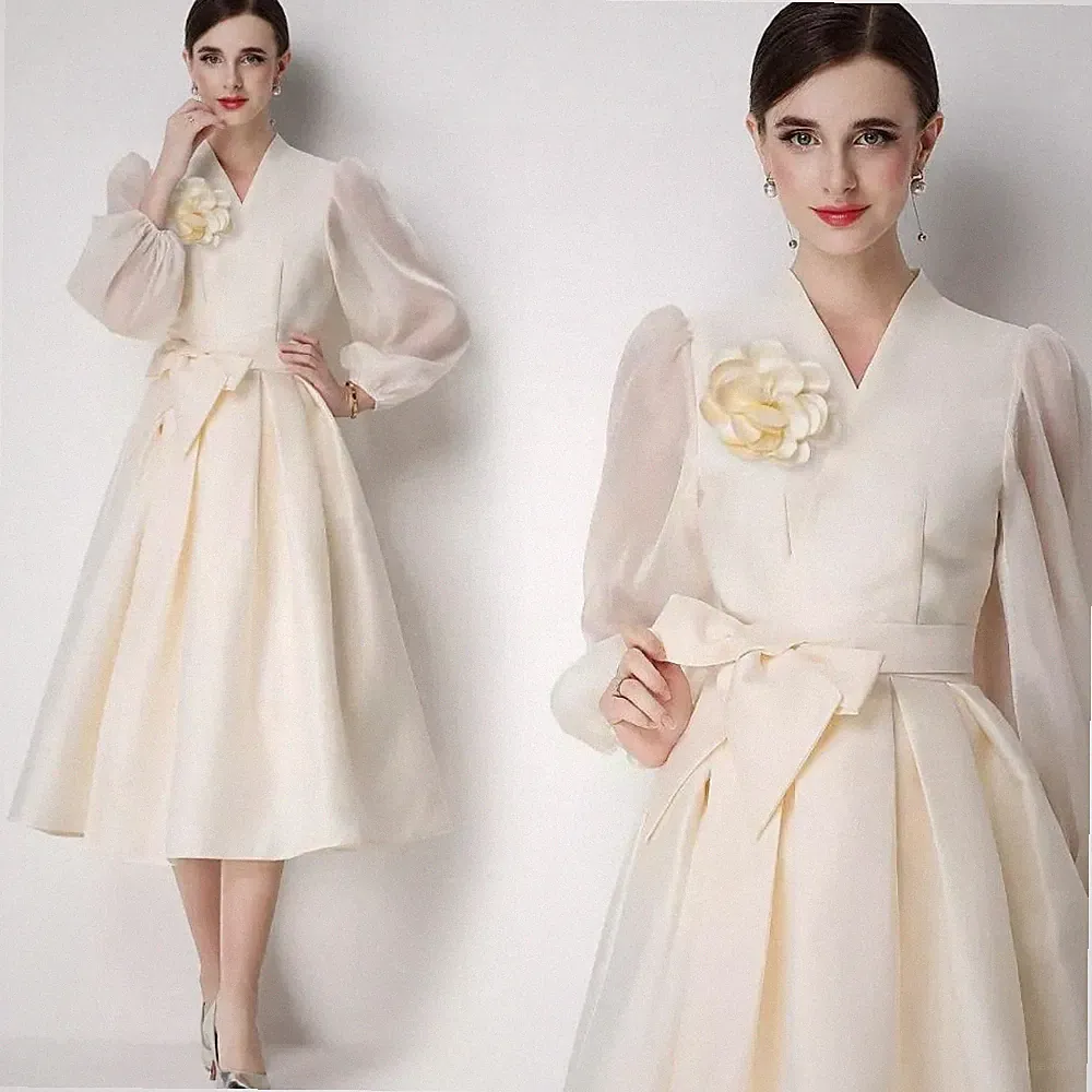 Abito Zeremonie Elfenbein Midi Elegant Ärmel Schmetterlingsflügel Schleife