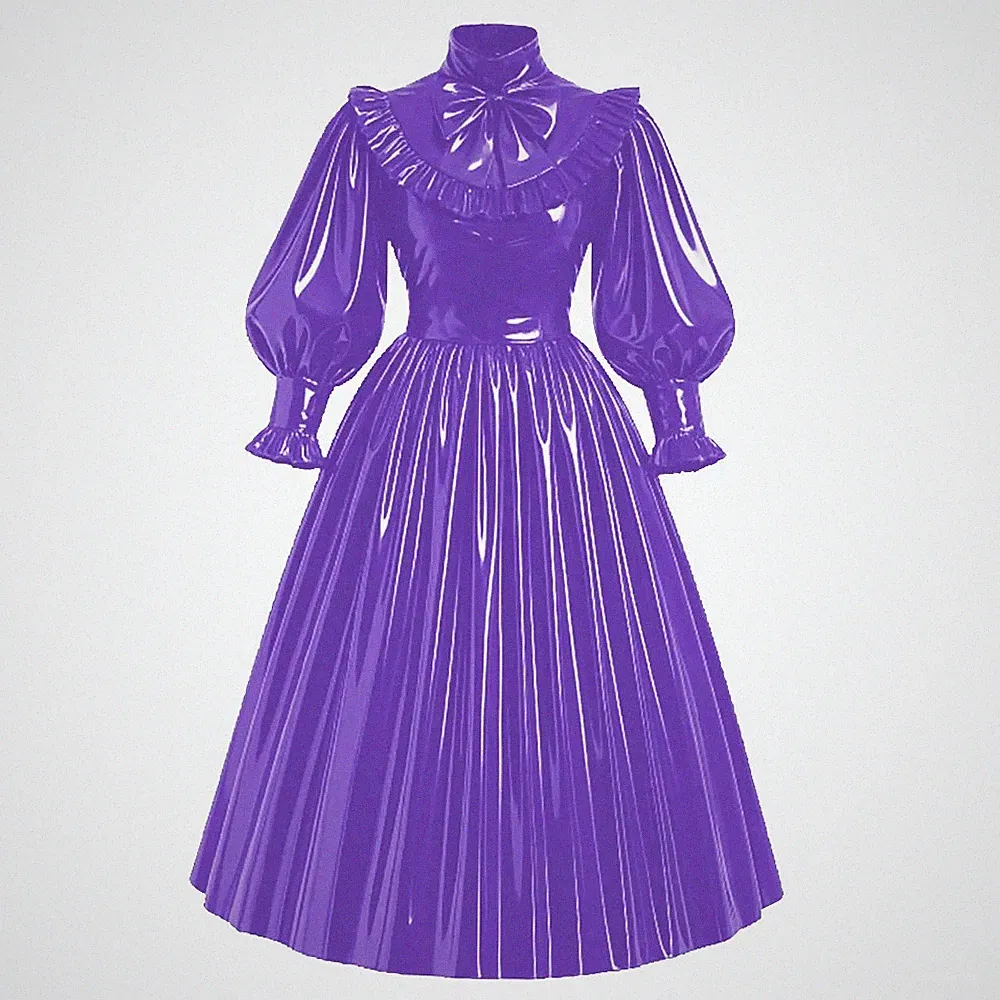 Abschließbares Maxikleid PVC Leder Puffärmel Kleid Schleife Lolita Plissee Kleid