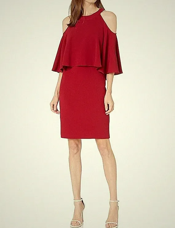 Adrianna Papell Damen Kleid Rot 12 UK Struktur Krepp Cold Shoulder Etui