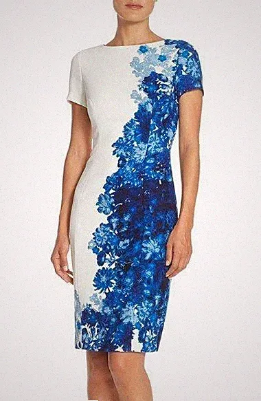 Adrianna Papell Gr. 2XL Etuikleid Weiß Blau Blumen Kurzarm Anlass