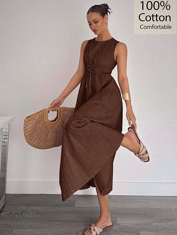 Ärmelloses A Linien Damenkleid aus Leinen für Frühling/Sommer