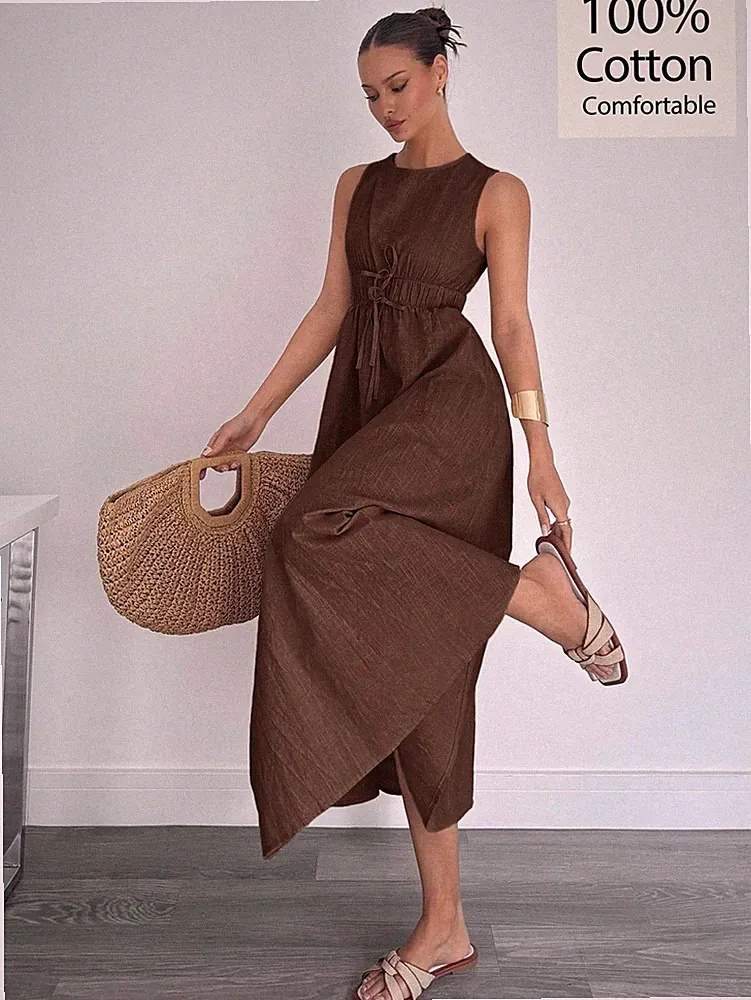 Ärmelloses A Linien Damenkleid aus Leinen für Frühling/Sommer