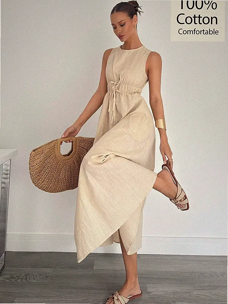 Ärmelloses A Linien Kleid aus Baumwolle für Damen in Aprikosenfarben