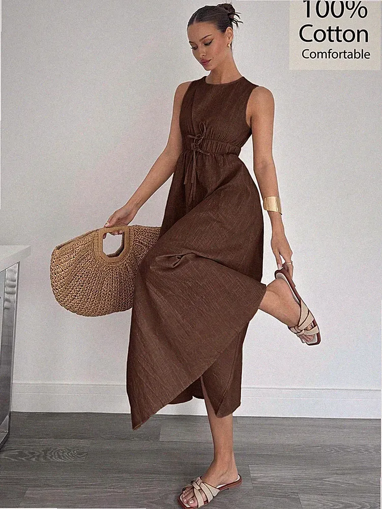 Ärmelloses A Linien Kleid aus Baumwolle für Damen in Aprikosenfarben
