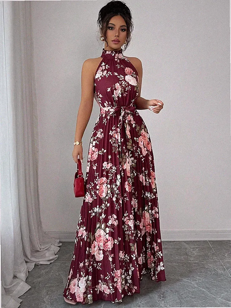 Ärmelloses A Linien Kleid mit Neckholder und Blumenmuster für Damen