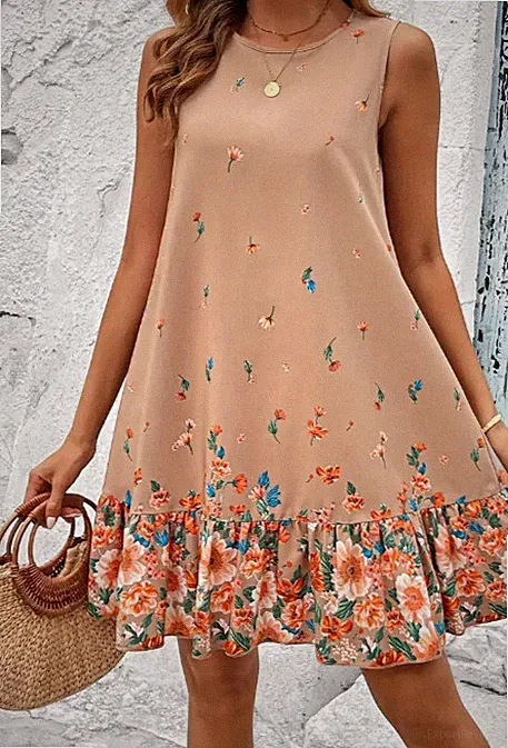 Ärmelloses Damenkleid mit Blumenmuster - Lässige A-Linie, Rundhalsausschnitt
