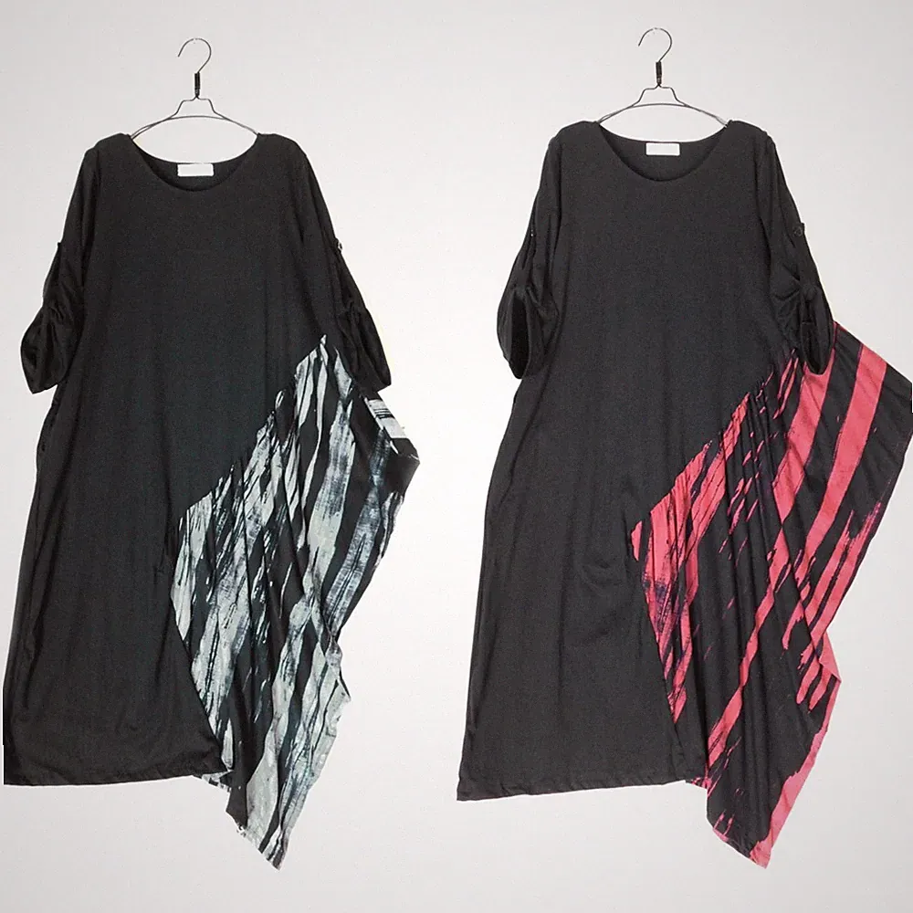 Ärmelverstellung asymmetrisch wechselnd modifiziertes Kleid grau rot schwarz...