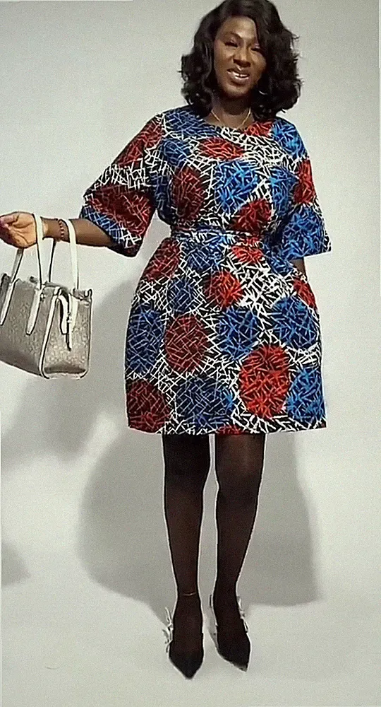 Afrikanisches Print TRADITIONELLES Ankara Kleid Turn-Up Ärmel komplett gefüttert bis UK 18