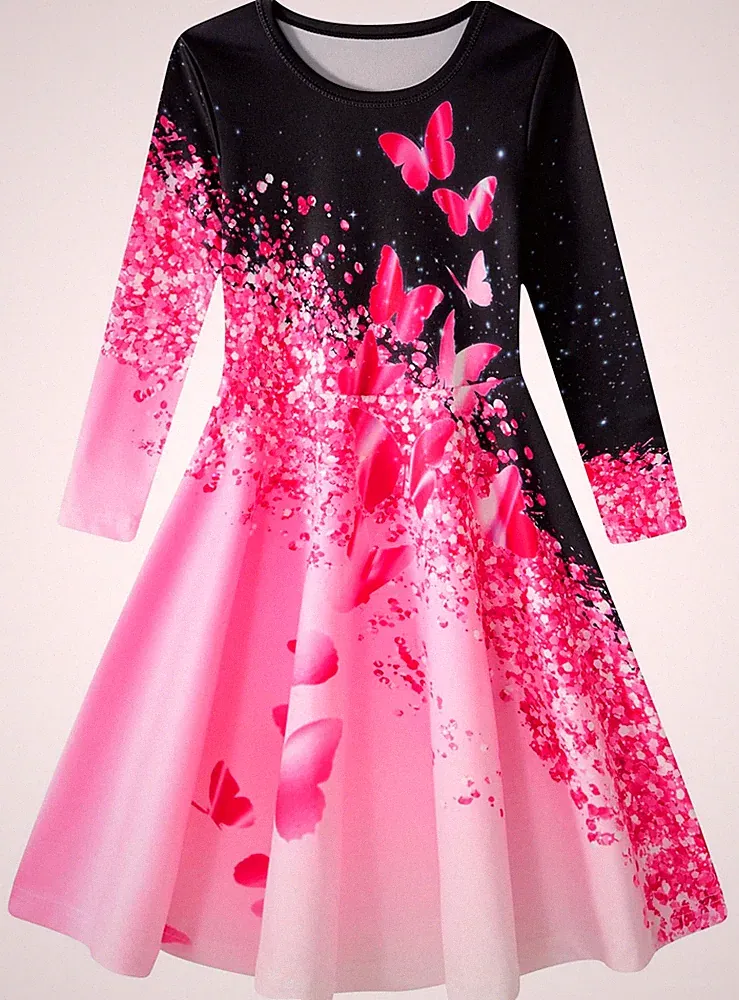 AIDEAONE Mädchenkleid A Linie Langarm Kleid Buntes Bedrucktes Kleid Kleider für