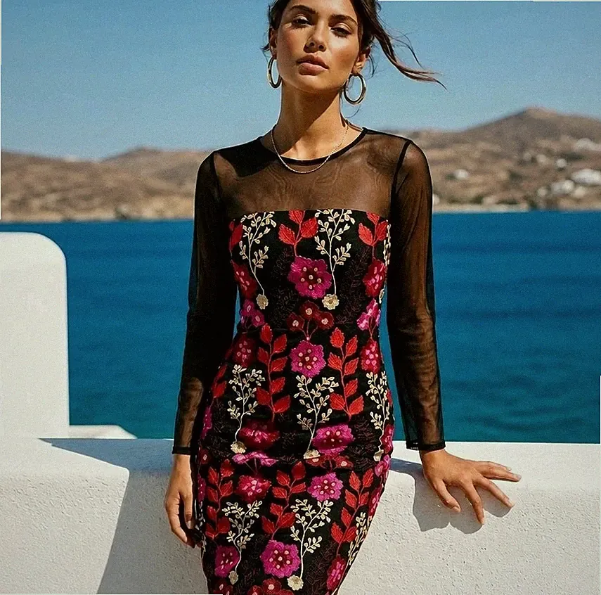 Alexia Admor Midikleid Blumen bestickt Netzärmel UK 10 12 Hochzeitsgast