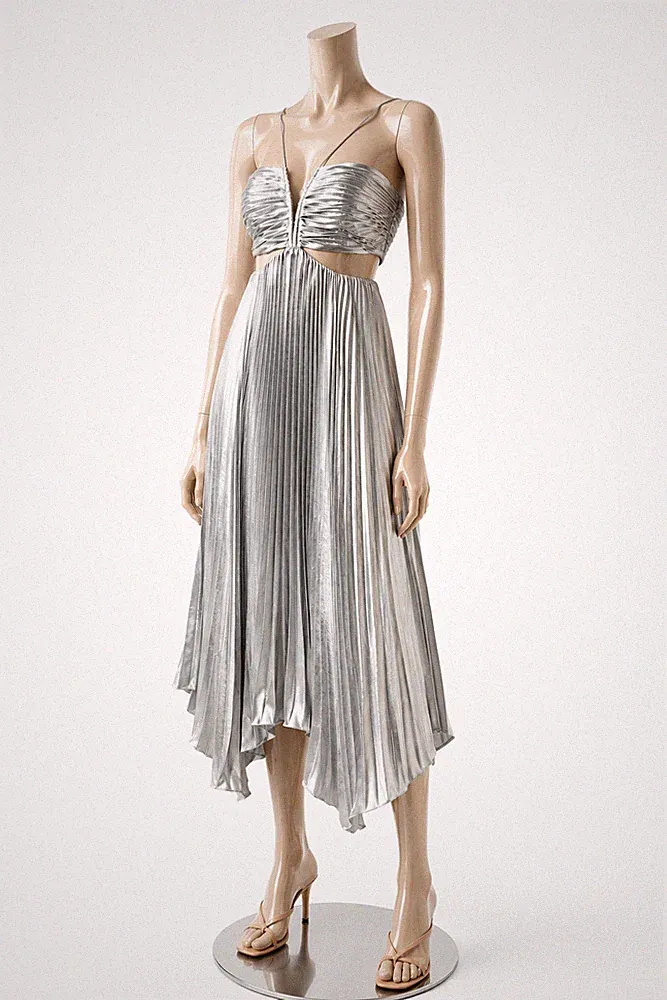 AllFOS Evie Silber Kleid Plissee Cut Out Abend Party Hochzeit Gast UK 4