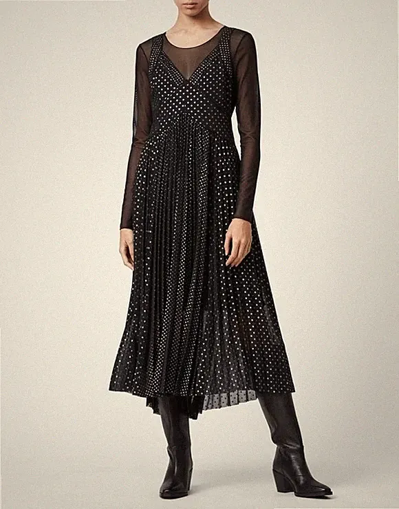ALLSAINTS Abendkleid lang Plissee Punkte Gothic Chic Elegant UVP 259 GBP