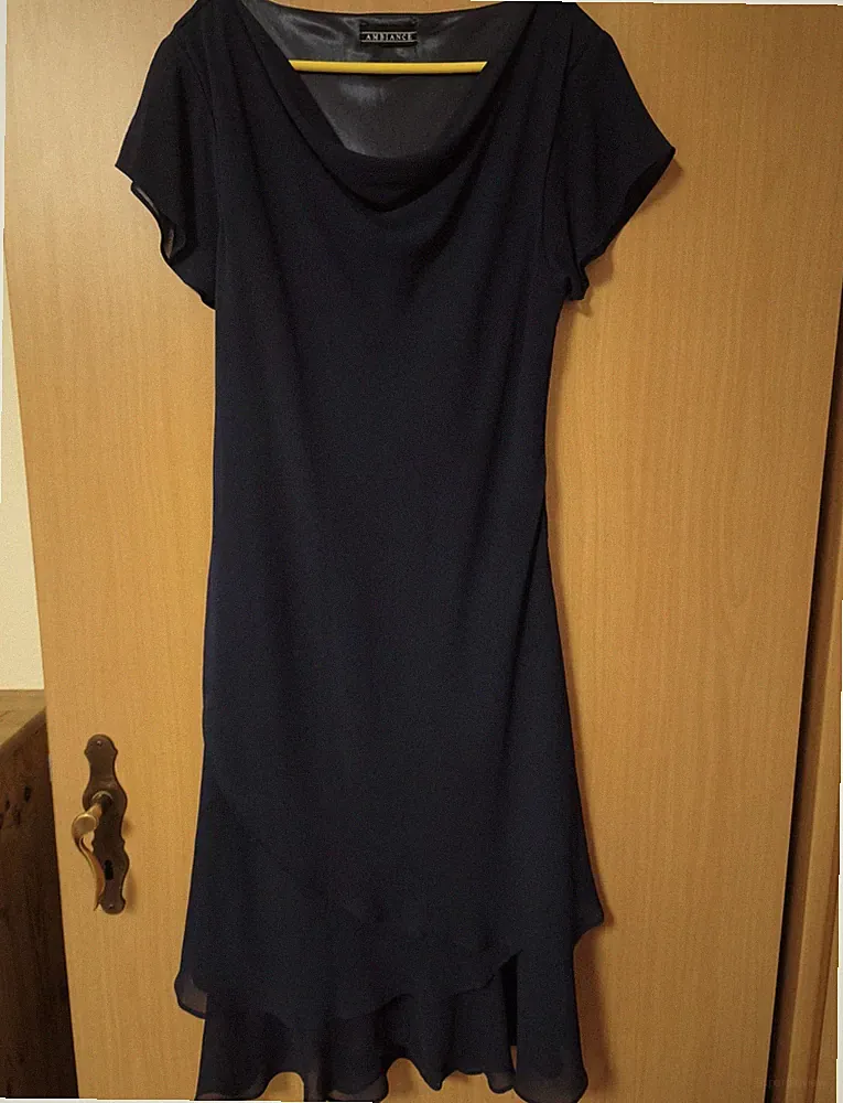 Ambiance Damen Etuikleid Blau Gr. 42 Wasserfallausschnitt Kurzarm knie RV
