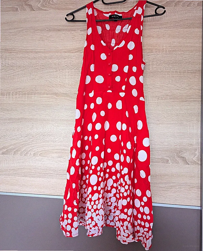 Amisu Damen Kleid A-Linie Midi rot/weiß gepunktet ärmellos V-Ausschnitt Gr. 36