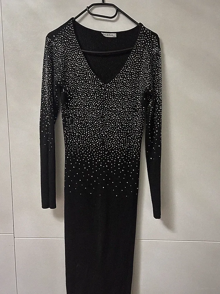 Amo&Roma Damen Etuikleid schwarz Midi Langarm V-Ausschnitt Strass Glitzer L/XL