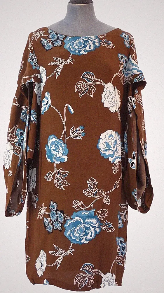 Amphoren Kleid Blumen Rosen Etui braun Rundhals Schlitzärmel Gr UK 12