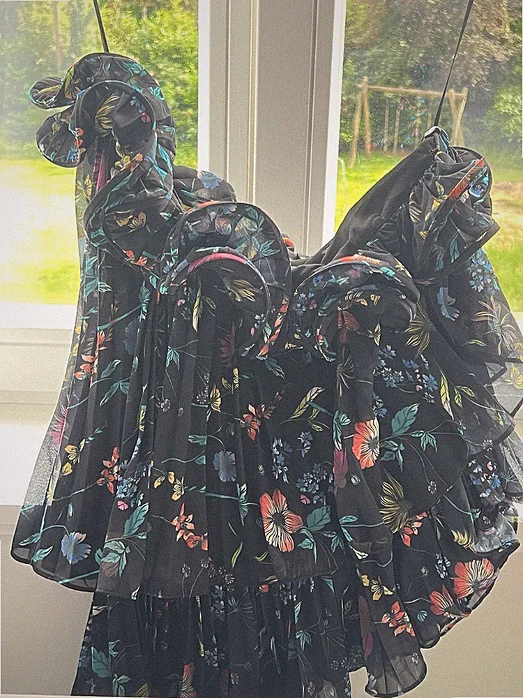 AMUR Damen A-Linien-Kleid 8 Chiffon kurz ärmellos Blumen Rüsche Wasserfall