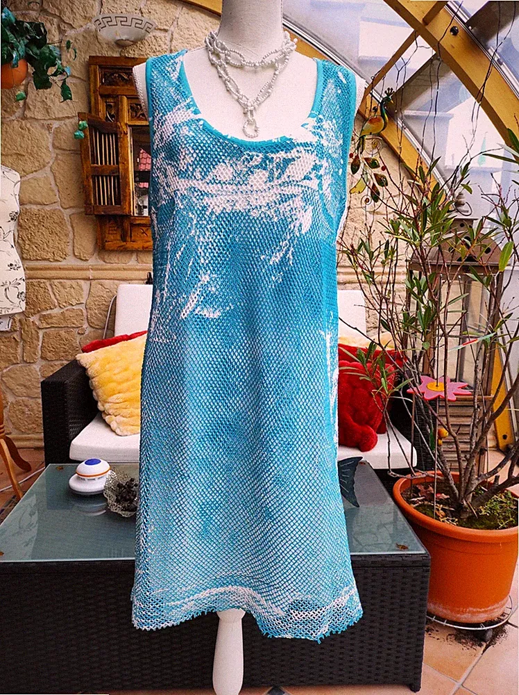 Amy Gee Kleid Etuikleid Shirtkleid Netz Loch Häkel Tunika Bluse L 40 Top Türkis